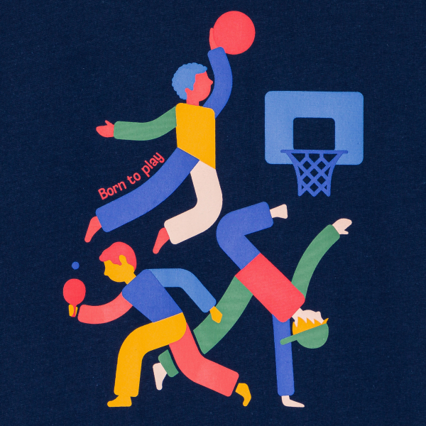 تيشيرت بأكمام قصيرة بنقوش، أزرق غامق للأولاد